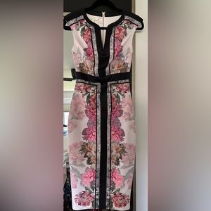Ted Baker Pink and Black Sheath Dress with Plunge Neckline